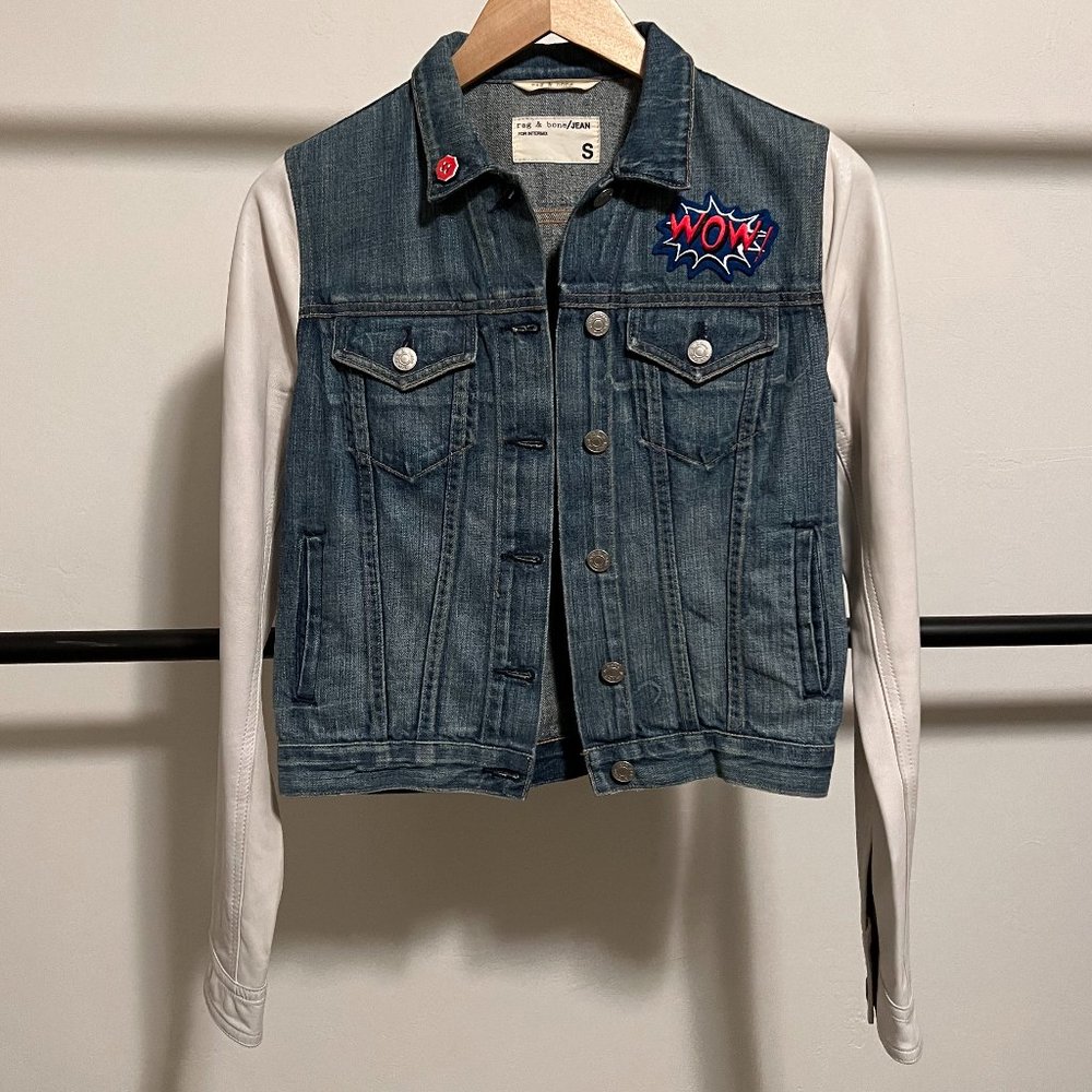 rag & bone/JEAN for Intermix White Leather Sleeve Distressed Jean Jacket S